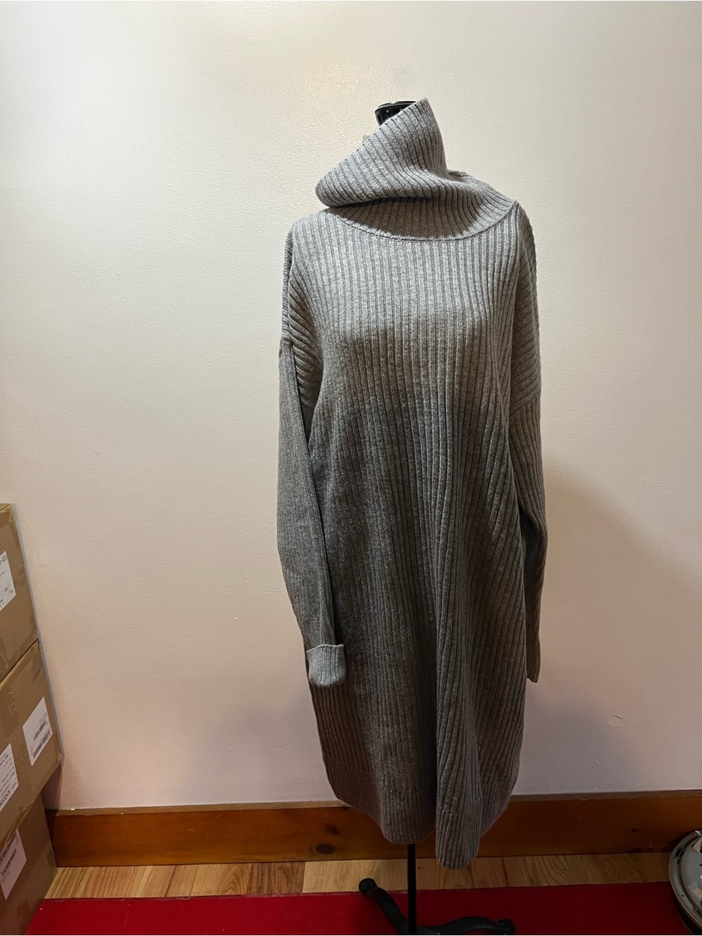 Ribbed Knit Turtleneck Sweater Dress - Grey